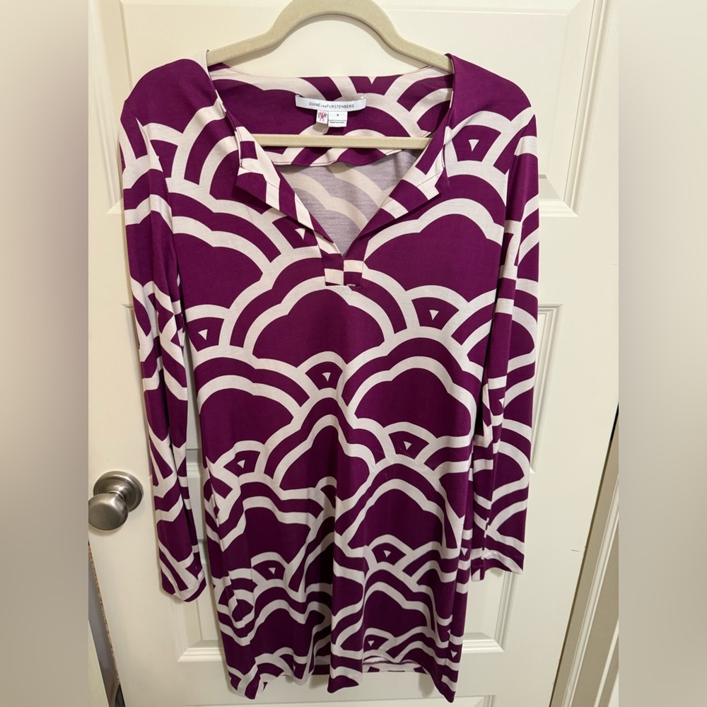 Diane Von Furstenberg Reina Purple/Cream Long Sleeve Silk Shift Dress, Size 8